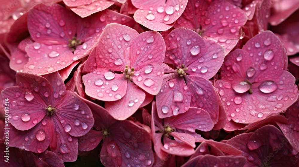 Pink Hydrangeas flowers with water drops background. Closeup of blossom with glistening droplets. Ge