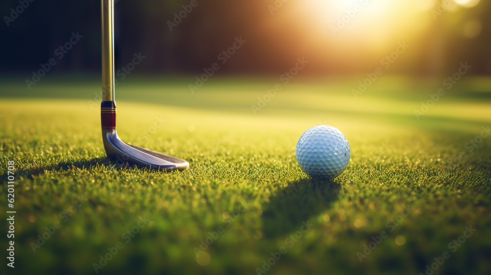 Golf club and golf ball on green grass background. Blurred backdrop. Outdoor sport on a sunny day. G