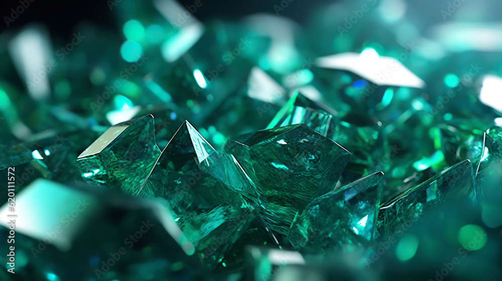 Amazing bright and shiny Emerald crystal cluster background. Jewel mineral detailed macro. Generativ