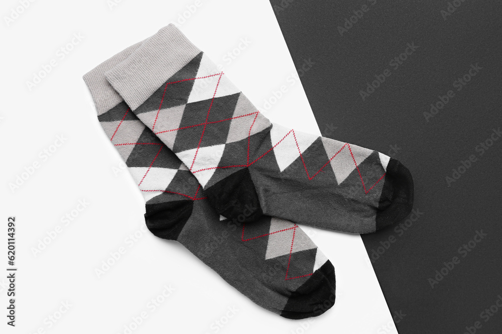 Pair of socks on black and white background