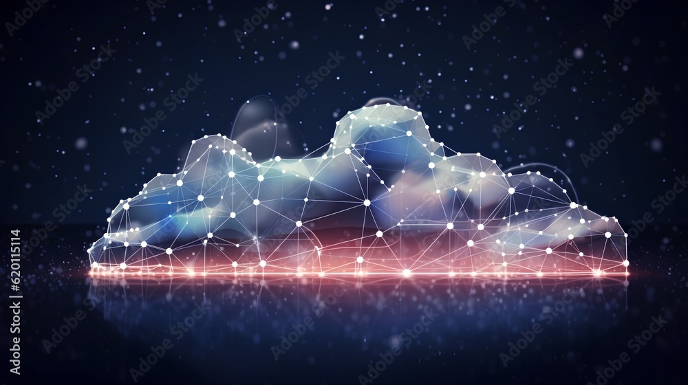 Abstract cloud linked to numerous data points. Cloud computing as a critical technology. Virtual sto