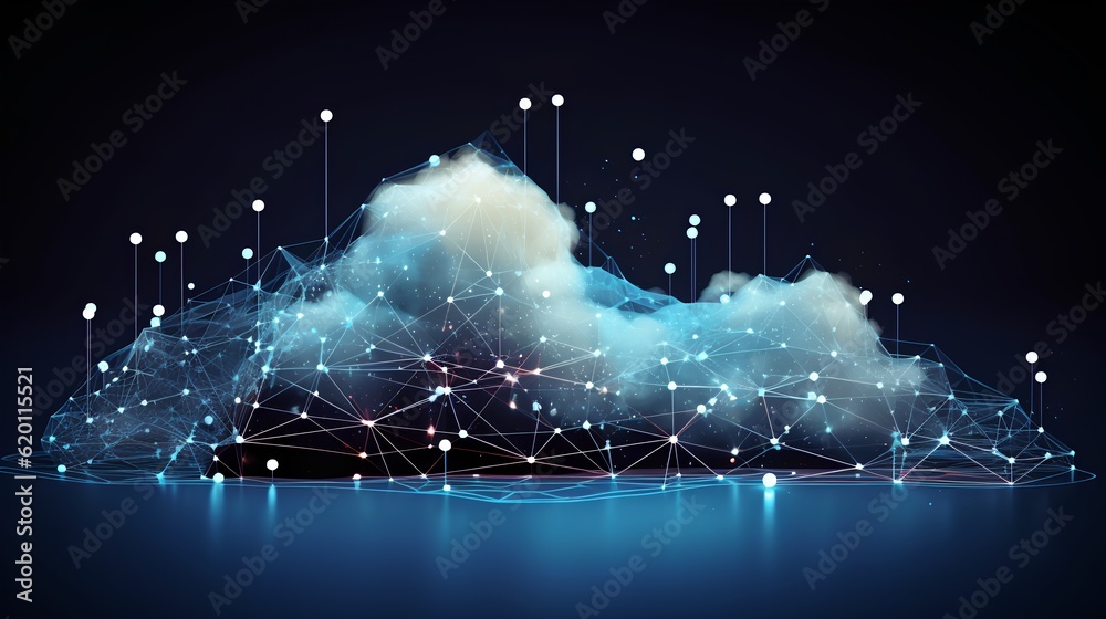 Abstract cloud linked to numerous data points. Cloud computing as a critical technology. Virtual sto