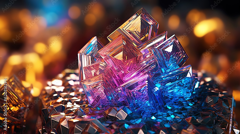 Amazing bright and shiny Bismuth crystal cluster background. Jewel mineral detailed macro. Generativ