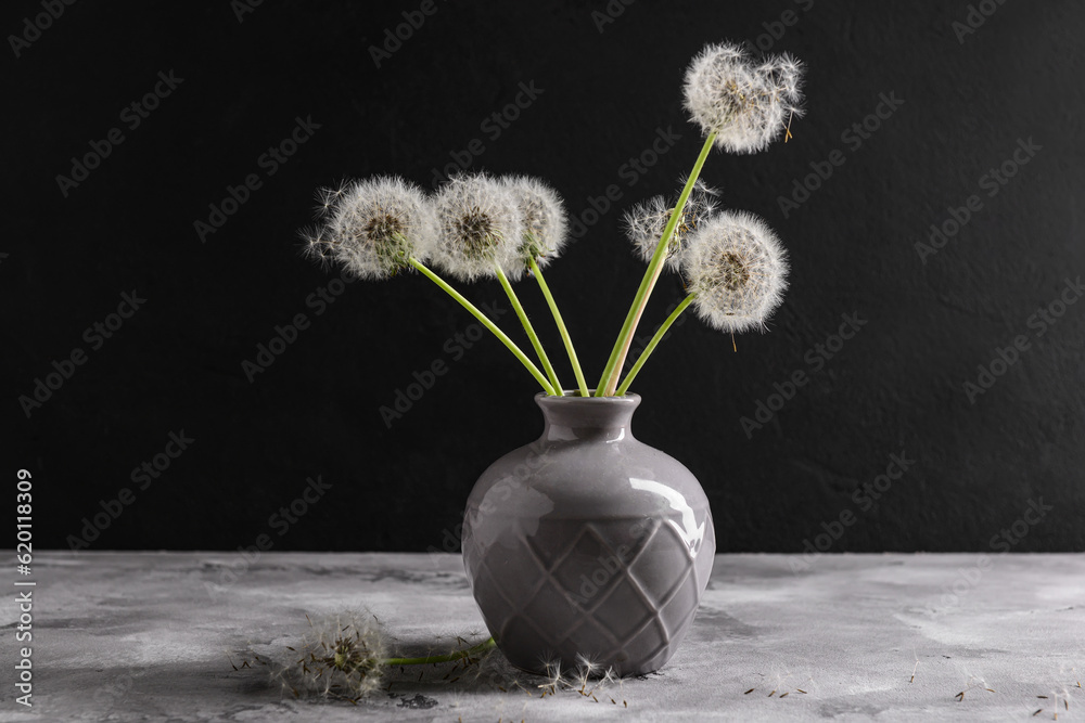 Vase with beautiful dandelion flowers on table against dark background