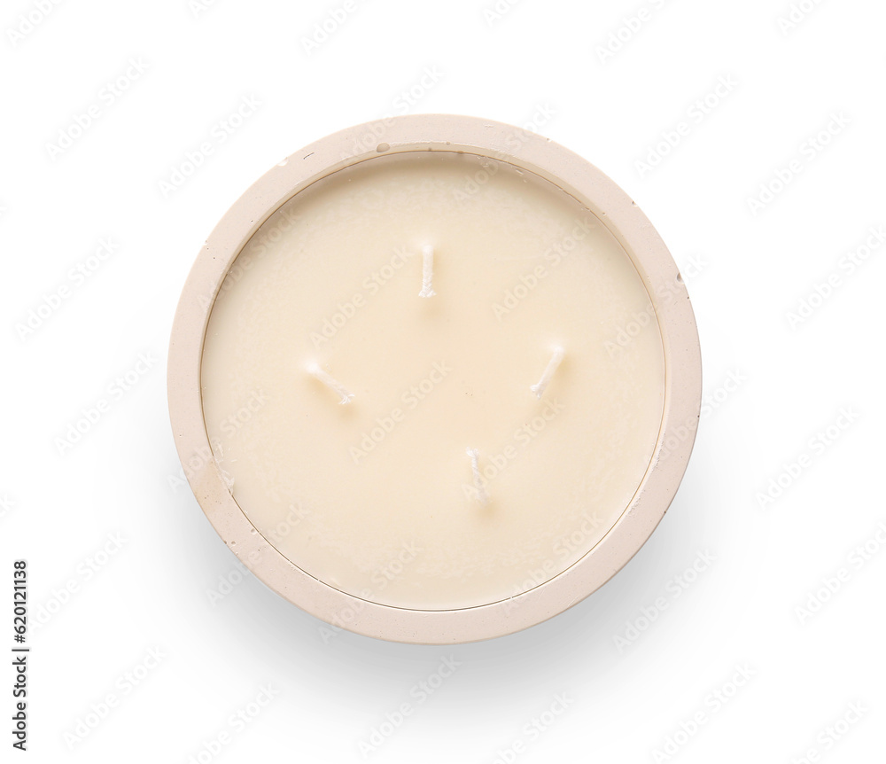 Holder with candle on white background