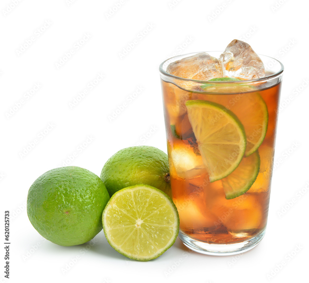 Glass of cold Cuba Libre cocktail isolated on white background