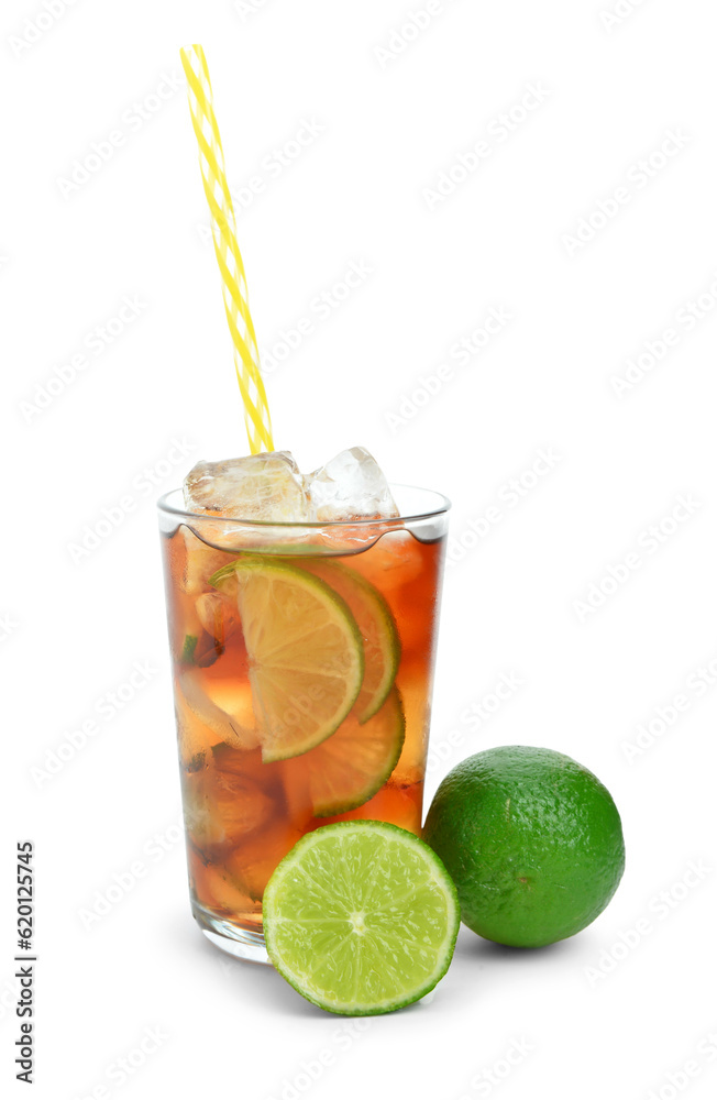 Glass of cold Cuba Libre cocktail isolated on white background