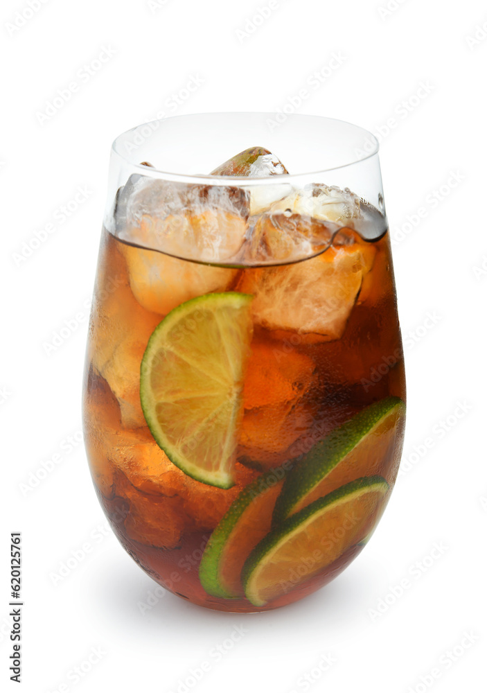 Glass of cold Cuba Libre cocktail isolated on white background