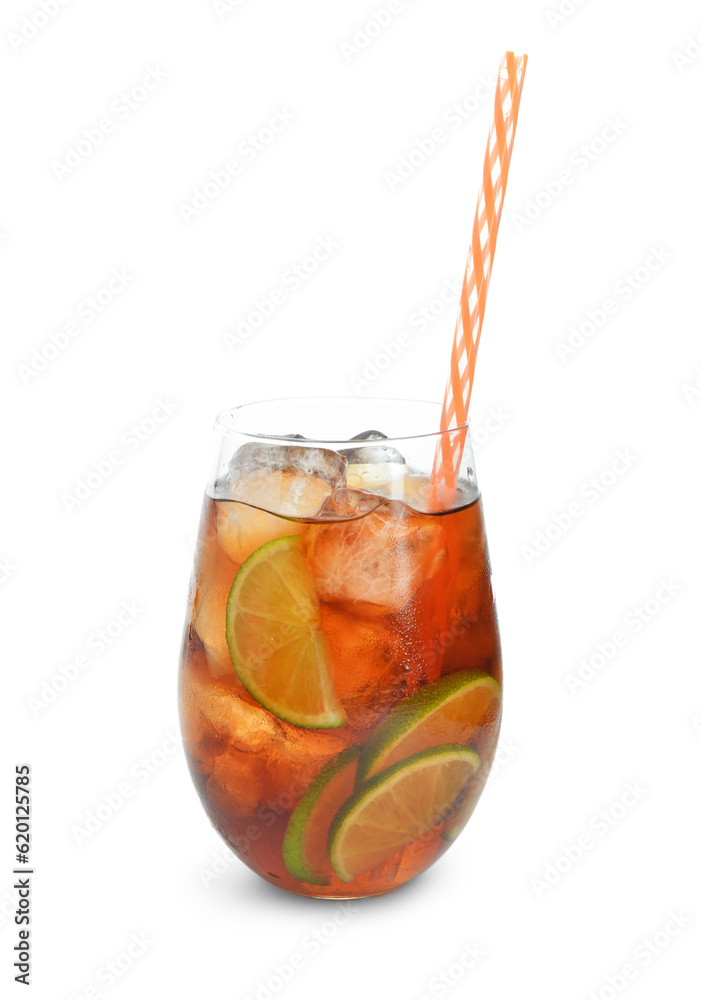 Glass of cold Cuba Libre cocktail isolated on white background