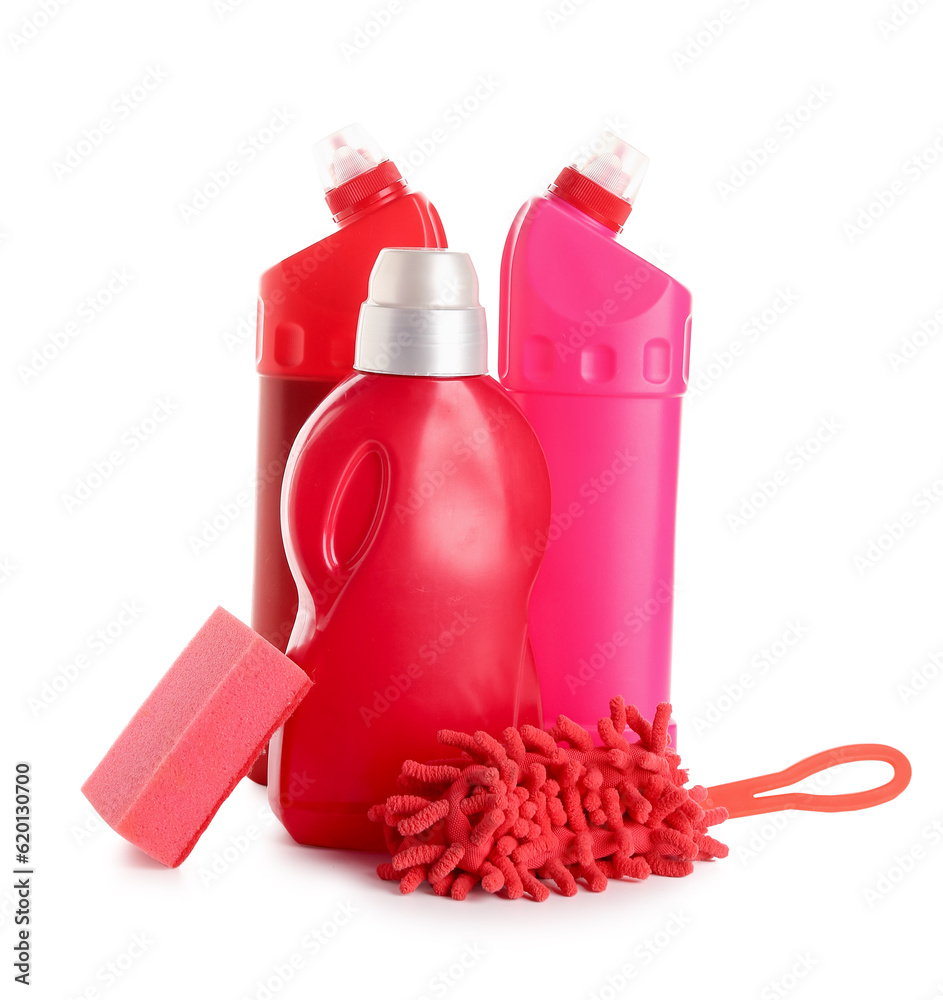 Bottles of detergent, sponge and microfiber mop isolated on white background