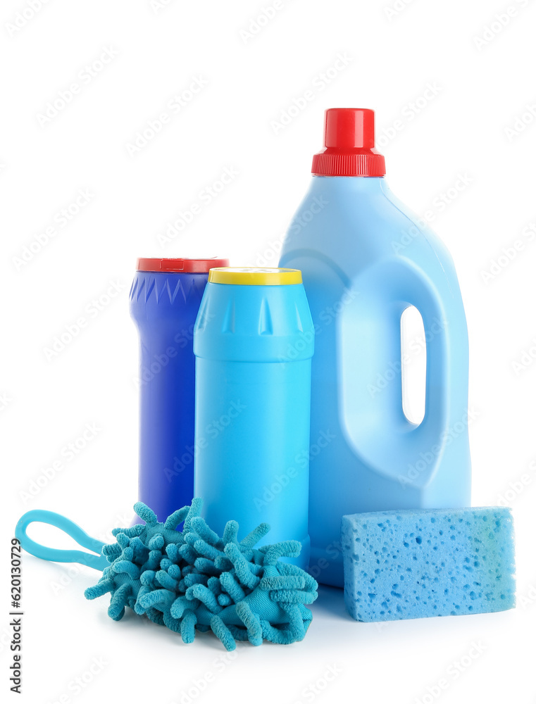 Bottles of detergent, sponge and microfiber mop isolated on white background