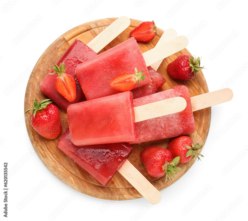 Wooden board with sweet strawberry ice-cream popsicles on white background