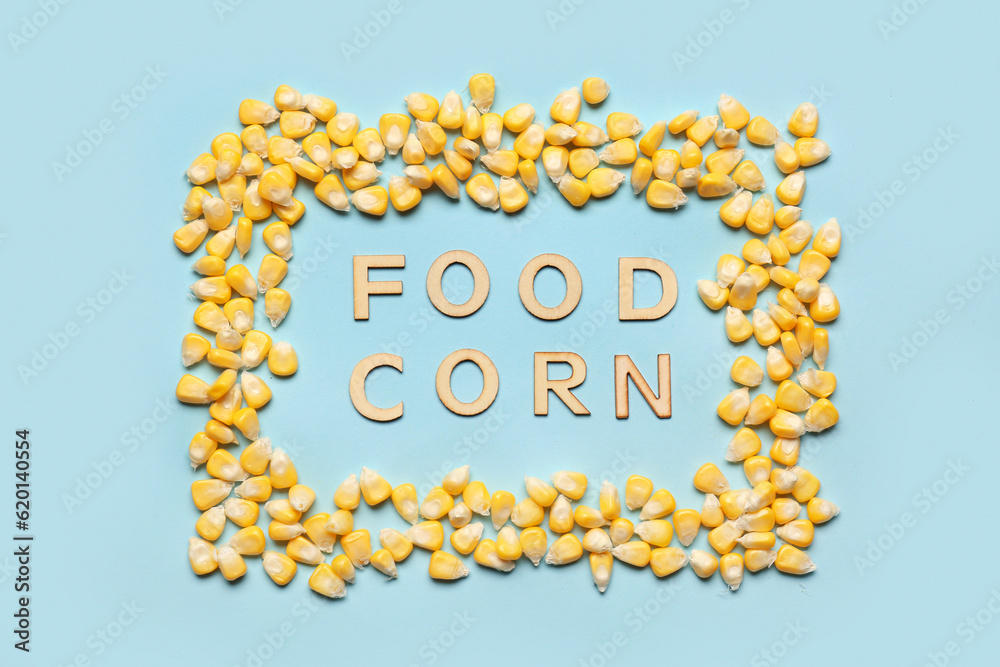 Words FOOD CORN and frame made of seeds on blue background