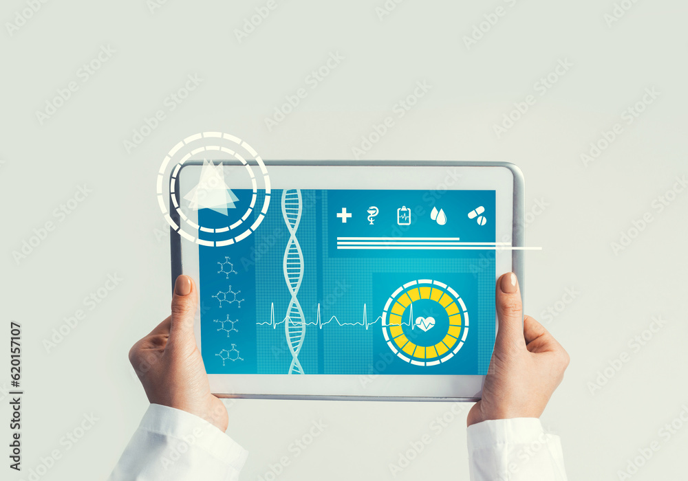 Close of female doctor hands working with tablet pc computer