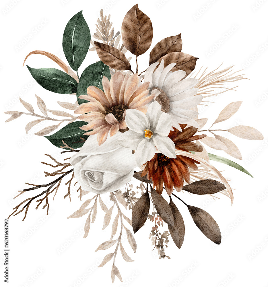 Autumn Flower and Leaves Bouquet Watercolor