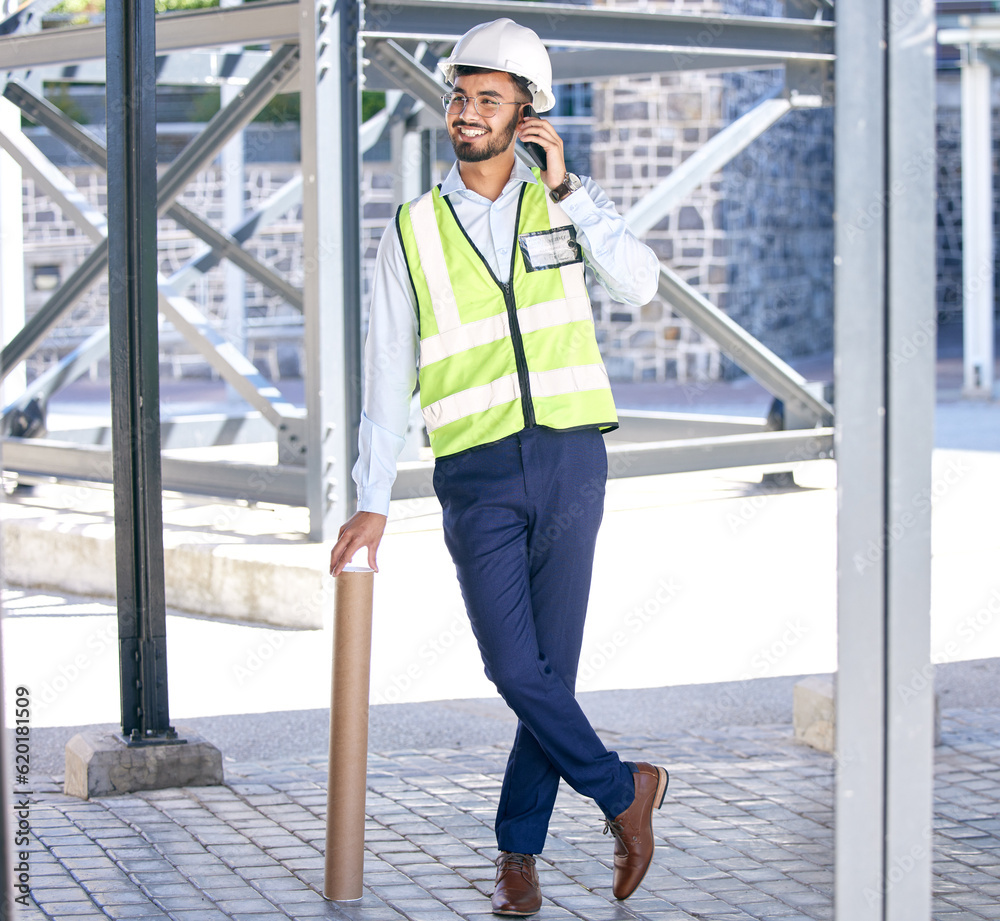 Architect, phone call and happy man with blueprint at construction site, networking and communicatio