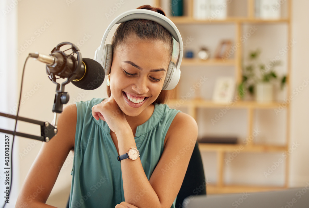 Microphone, headphones and woman on podcast or live stream, media broadcast for web radio host. Stre