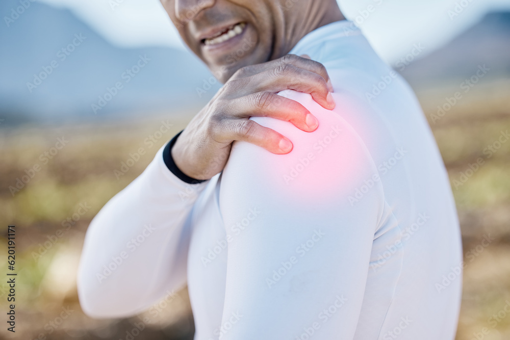 Biker, hand or man with shoulder pain, injury or inflammation outdoors with torn muscle, strain or b