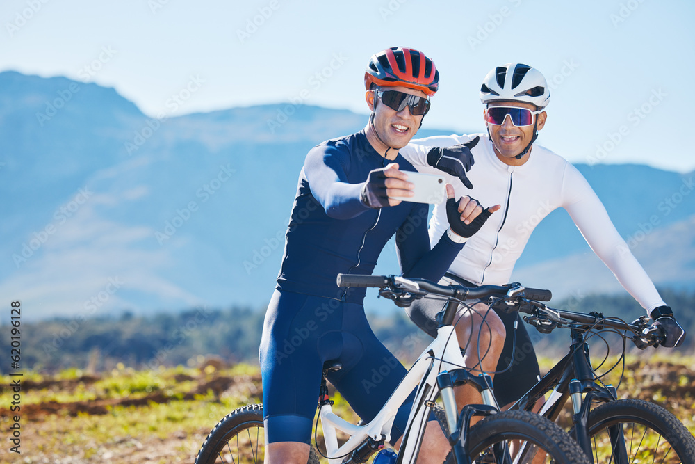 Fitness, bike and cycling selfie with friends taking a break from their cardio or endurance workout.