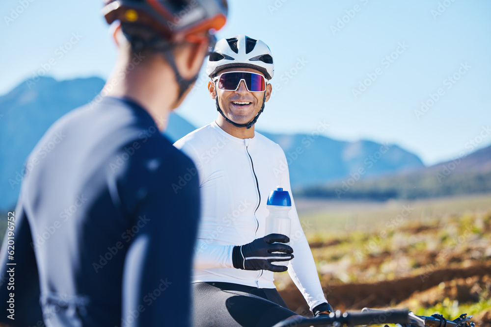 Fitness, bike and water with friends in nature for cycling, taking a break from their cardio or endu