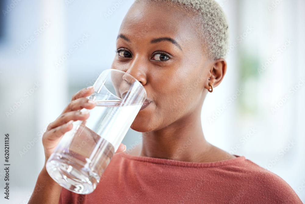 Health, glass and portrait of a woman drinking water for hydration, wellness and liquid diet. Health