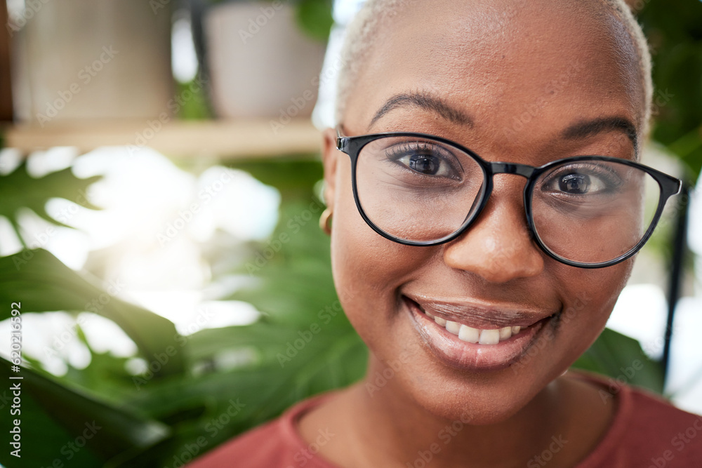 Face, headshot and black woman in glasses and eye care, optometry with frame and prescription lens f