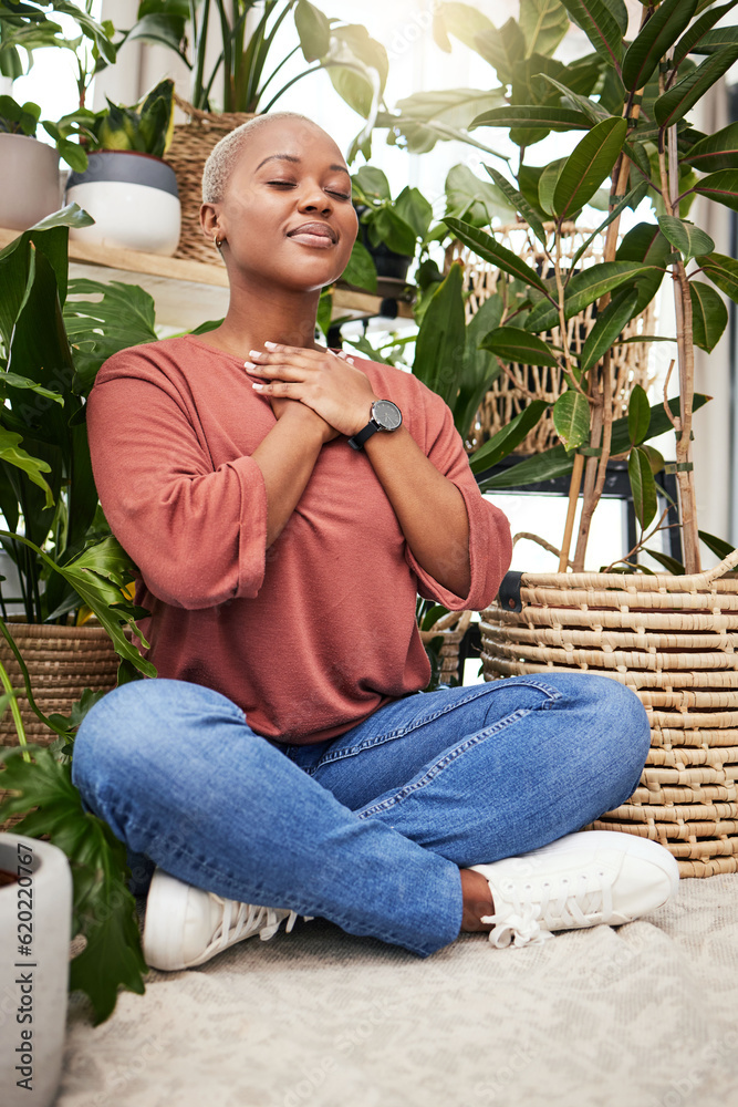 Calm, peace and young woman by plants for breathing exercise in meditation in a greenery nursery. Br