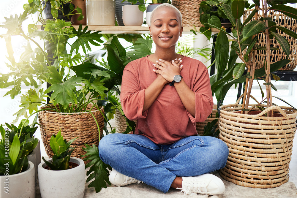 Peace, breathe and calm woman by plants for meditation exercise in a greenery nursery. Health, grati