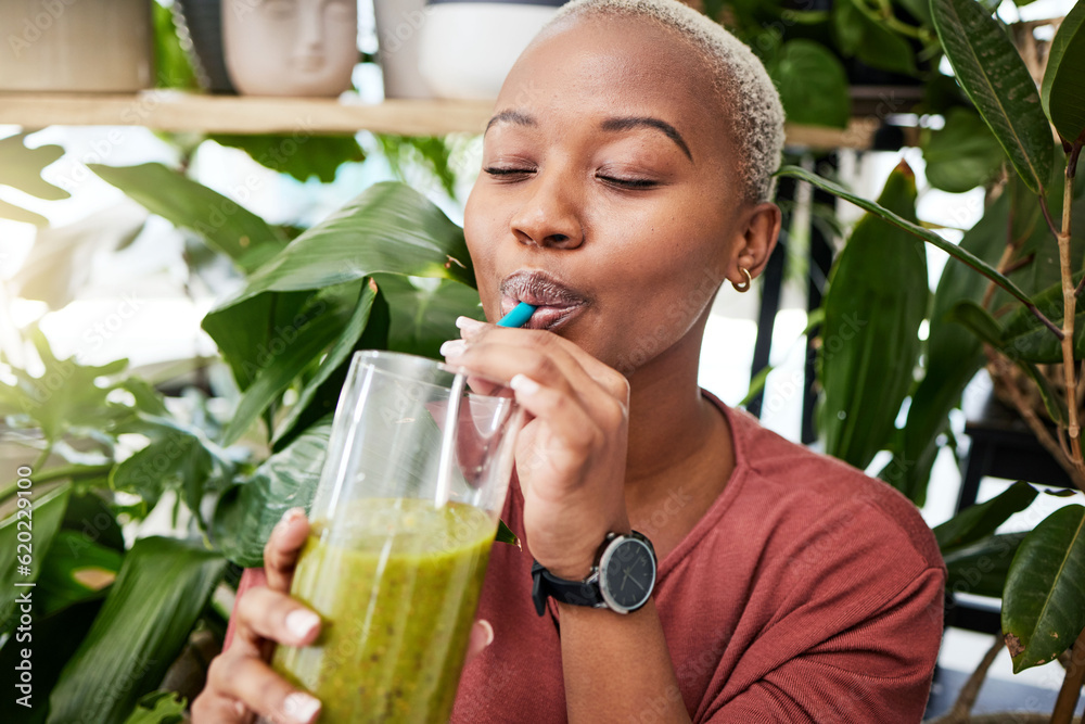 Health, diet and drink with black woman and smoothie for detox, breakfast and protein. Nutrition, fo