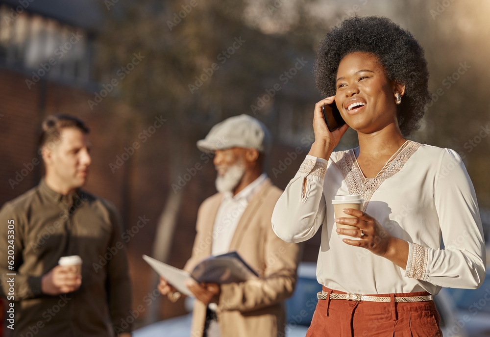 Phone call, coffee and a business black woman in town for communication on her morning commute. Mobi