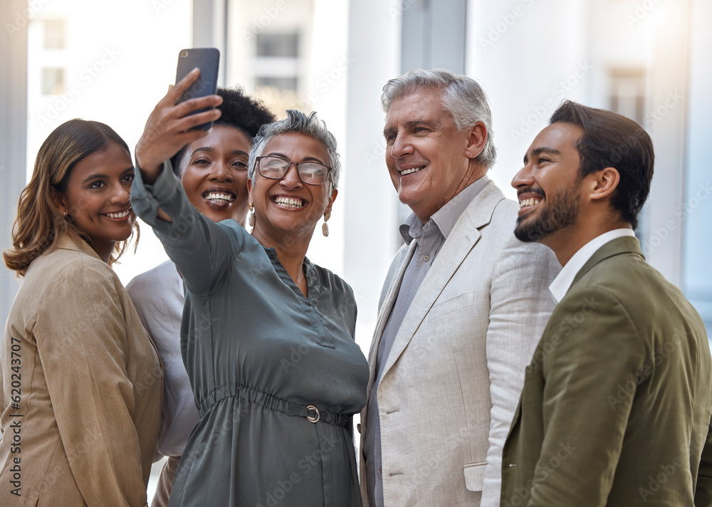 Happy, business people and selfie in team building with smile for photo, memory or social media at o