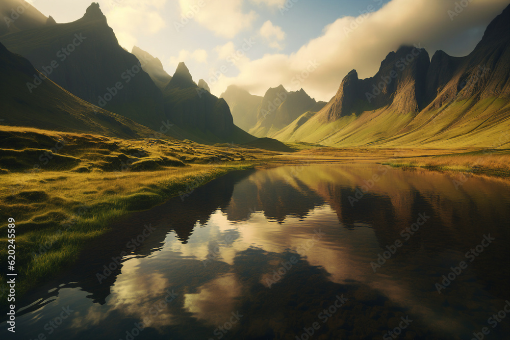 Amazing landscape with mountain lake at sunset yellow colors green grass covering lake shore creativ