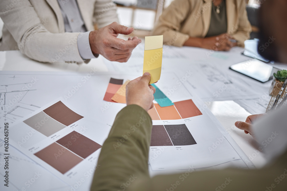 Creative, color sample and team in a meeting for an interior design project in office boardroom. Ind