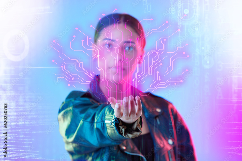 Hologram, neon chart and portrait of woman in studio for cyberpunk, metaverse and user experience. V