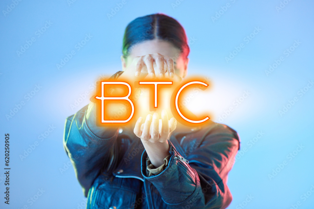 Woman, hologram and btc with finance, business and promotion against a blue studio background. Femal