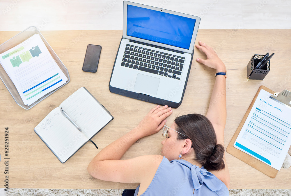 Woman, sleeping on desk and tired employee in office with burnout, fatigue and top view of nap on wo