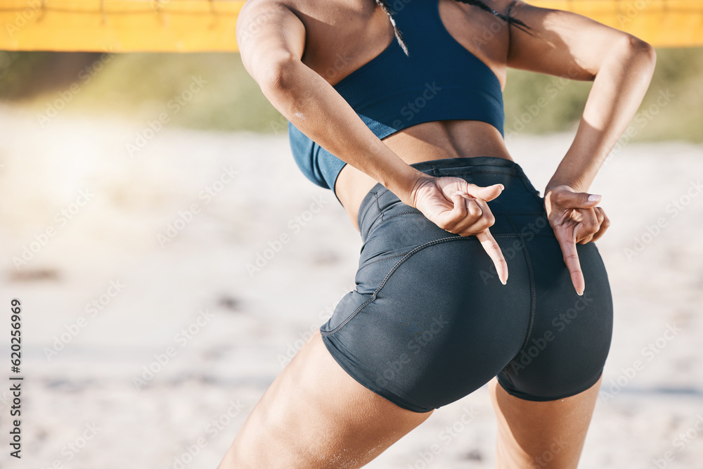 Beach, fitness and a woman with volleyball hand sign for communication or block signal. Behind femal