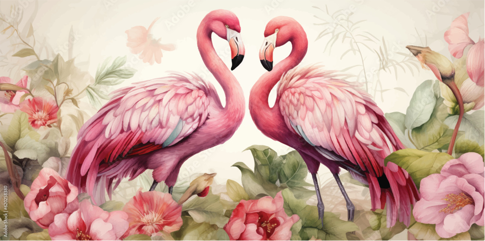 flamingos and tropical flowers on a shabby chic wall background, in the style of light beige and bro