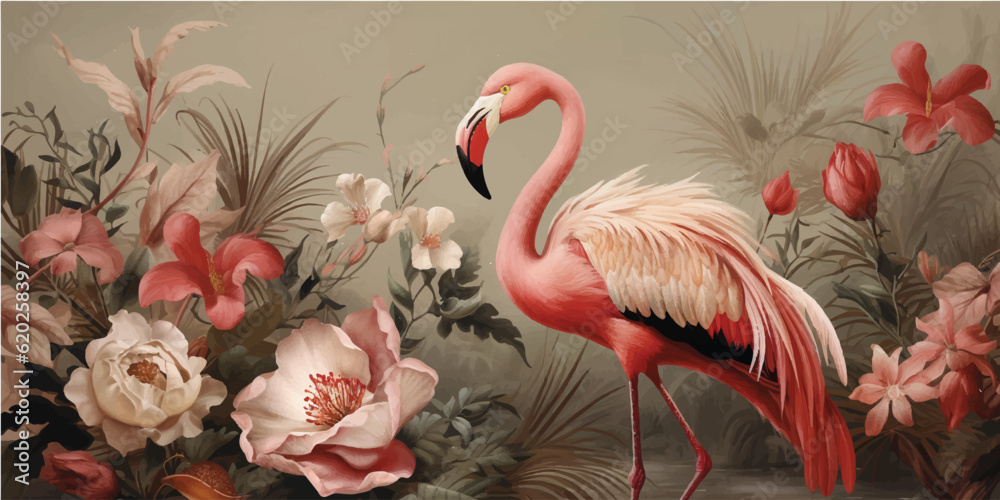 flamingos and tropical flowers on a shabby chic wall background, in the style of light beige and bro