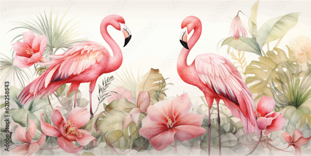 flamingos and tropical flowers on a shabby chic wall background, in the style of light beige and bro