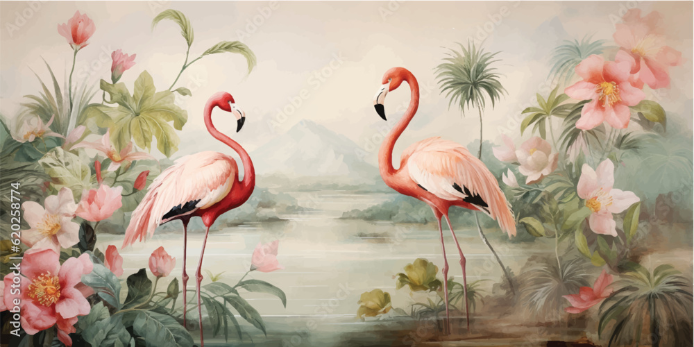 flamingos and tropical flowers on a shabby chic wall background, in the style of light beige and bro