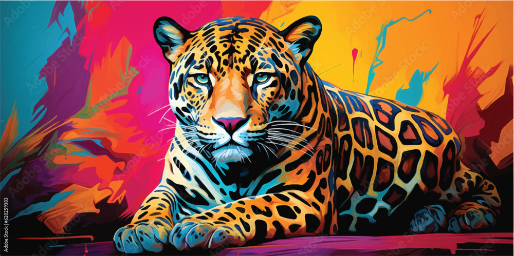 oil painting on canvas of jaguar, in the style of digital mixed media, vivid color blocks, realistic