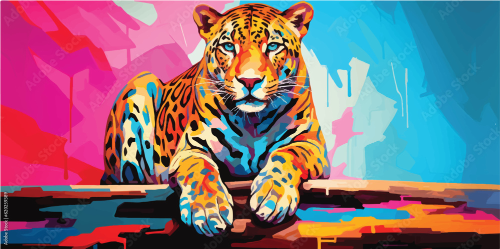 oil painting on canvas of jaguar, in the style of digital mixed media, vivid color blocks, realistic