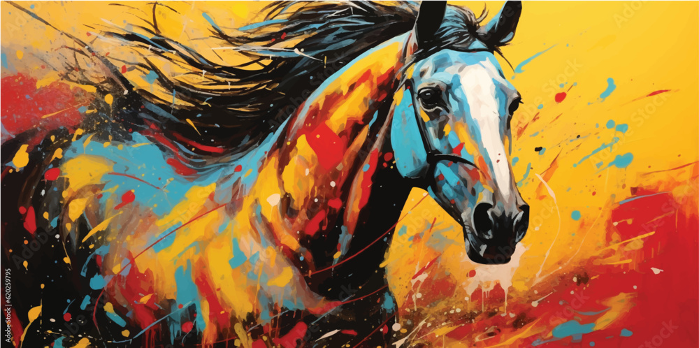 oil painting on canvas of horse , in the style of digital mixed media, vivid color blocks, realistic