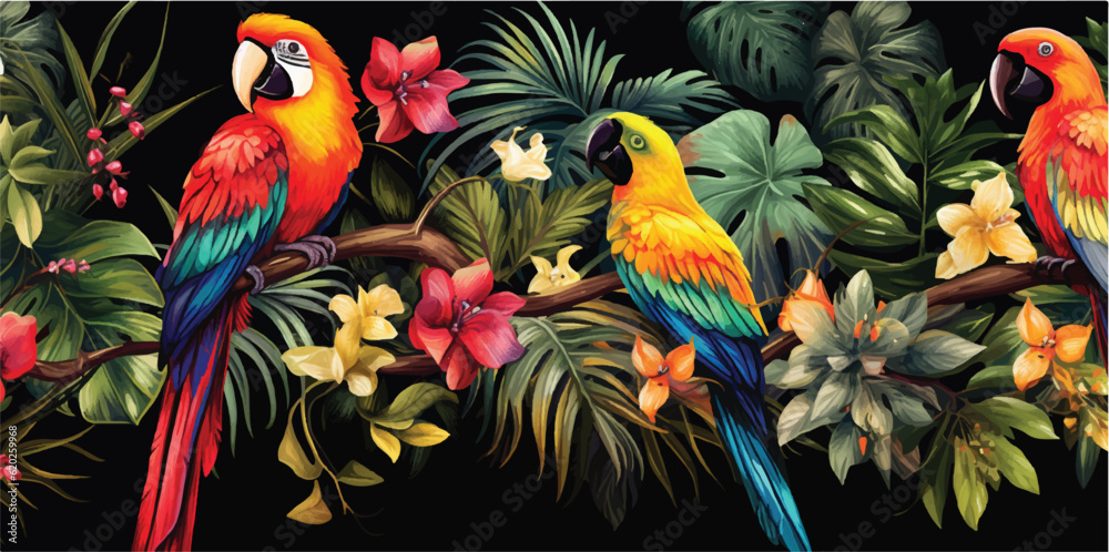 Seamless pattern with exotic trees and wild bird, parrots and toucans 