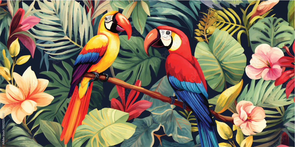 Seamless pattern with exotic trees and wild bird, parrots and toucans 