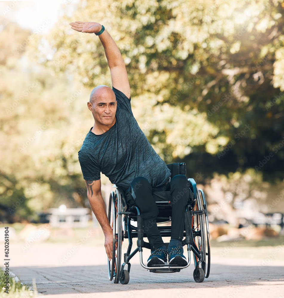 Stretching, workout and man with a disability in park for fitness and health portrait. Warm up, well