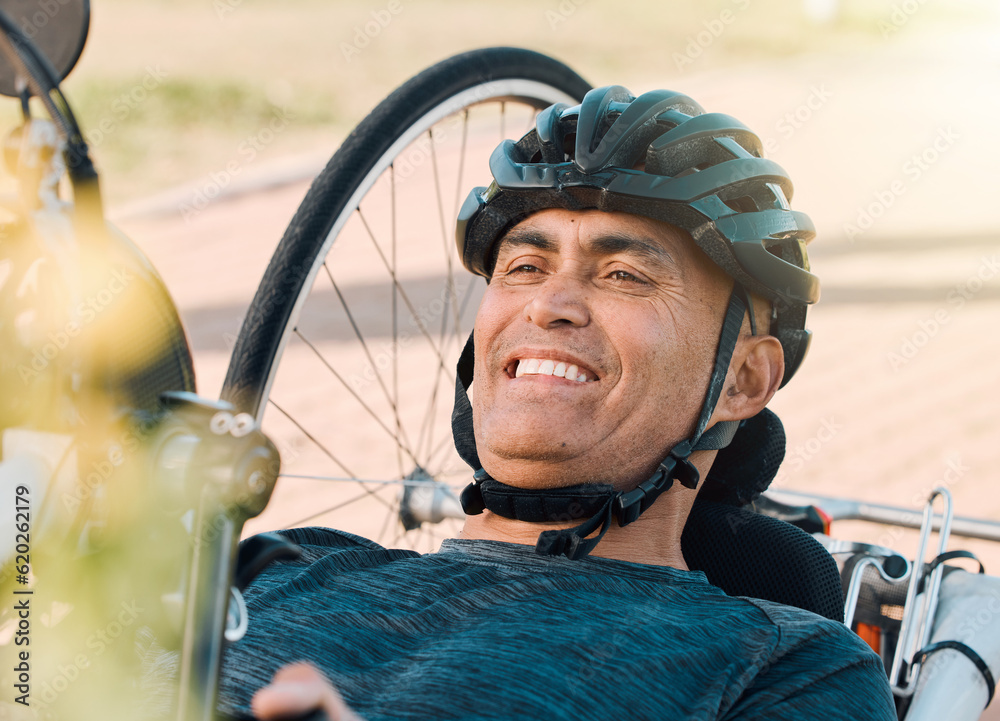 Happy man with disability, handcycle and bike for sports, race or cardio contest. Bicycle, male cycl