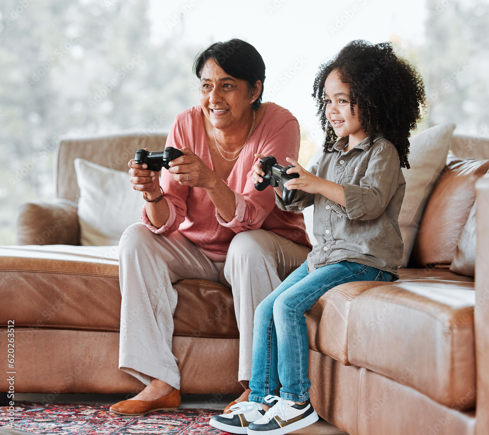 Grandma, child and video game on couch, controller and happy together with bond, contest and love in