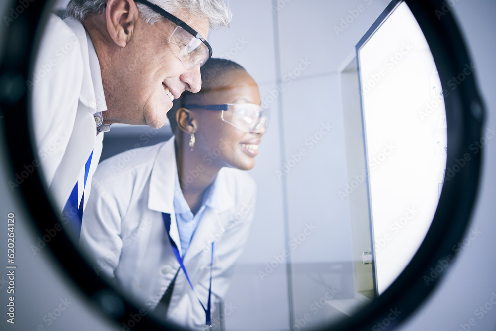 Science, research and team scientists in lab working on future data experiment, analysis or test. Me